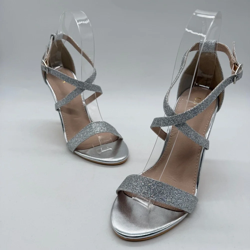 Women Silver Glitter Strappy Stiletto Sandals Open Toe Ankle Strap Size 5